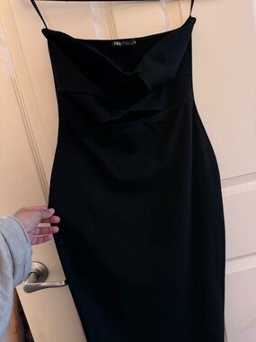 Zara Black Strapless Cowl Midi Dress